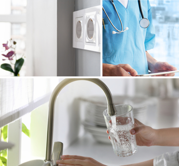 Eine Steckdose als Symbol für Strom, ein Wasserhahn als Symbol für Wasserversorgung und ein Mann in Doktorkittel als Symbol für Medizin