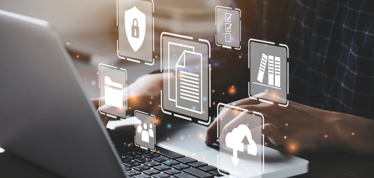 Laptop mit Icons für verschiedene Compliance-Bereiche