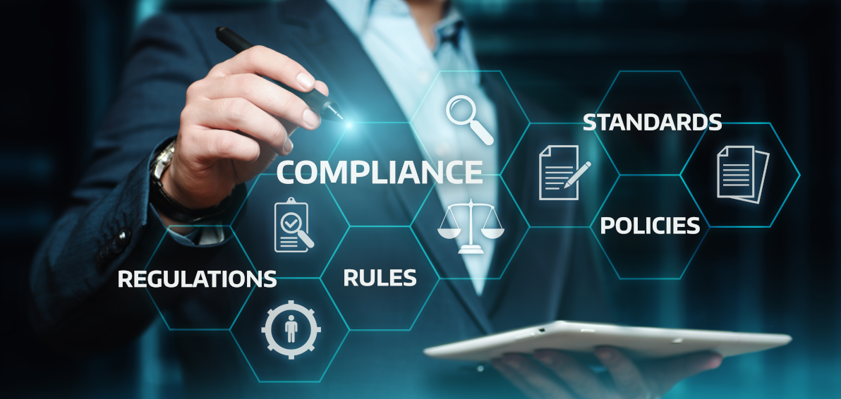 Geschäftsmann wählt digitale Schrift Compliance aus