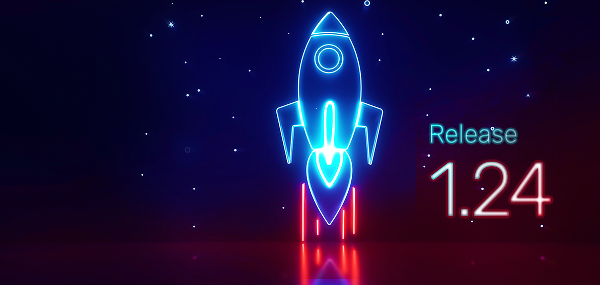 In der Mitte des Bildes eine Rakete und rechts davon die Beschriftung Release 1.24