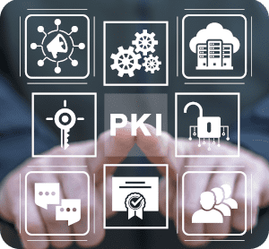 darstellung_pki300x279 Hände zeigen aus dem Bildhintergrund auf Icons rund um den Schriftzug PKI