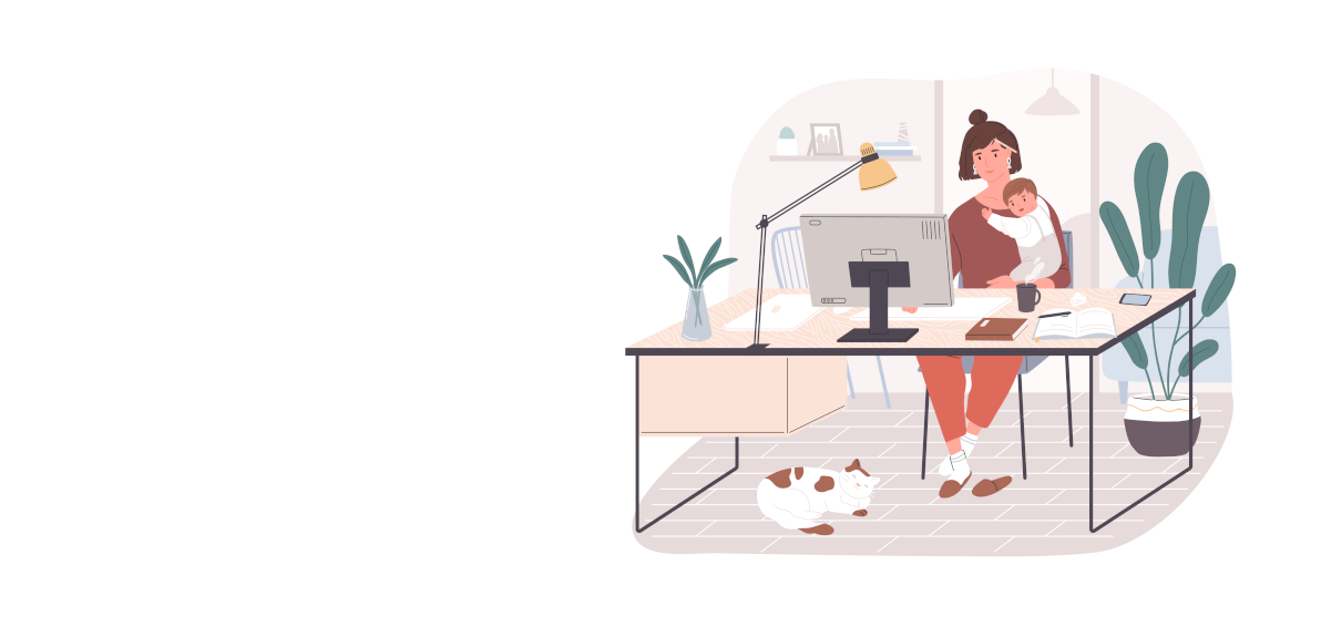Grafik einer Frau, die mit Kleinkind auf dem Arm am Computer sitzt und arbeitet