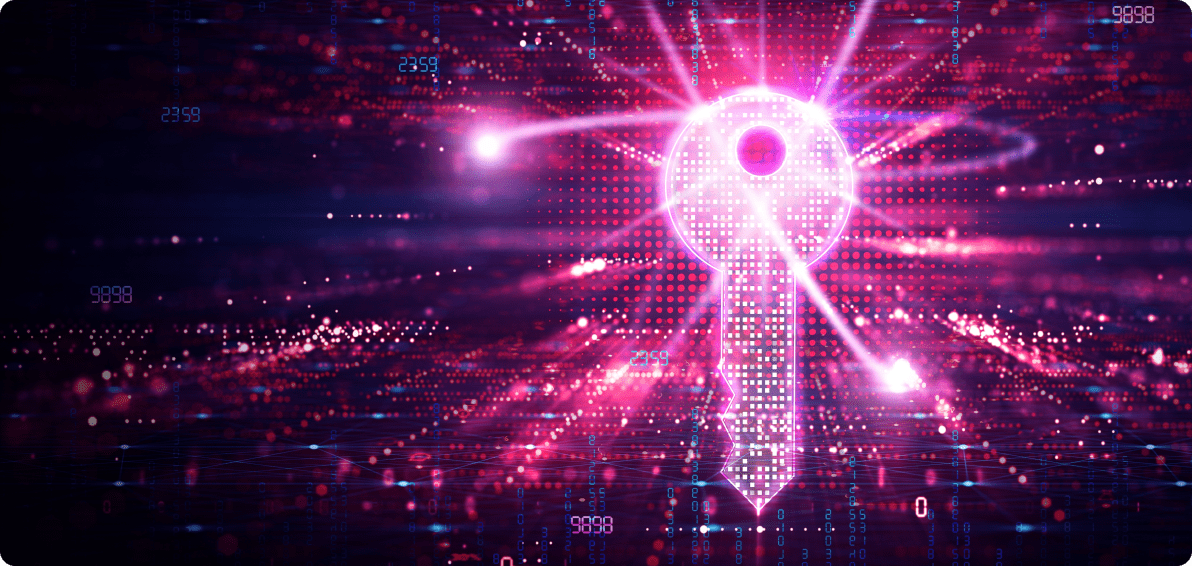 Pinkfarbene digitale Darstellung eines Schlüssels mit QBit-Ringen