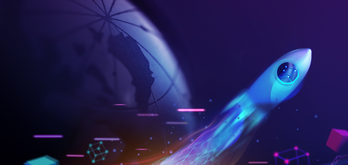 Digitalisierte Rakete startet vor blauem Hintergrund mit schematischer Darstellung der Erde